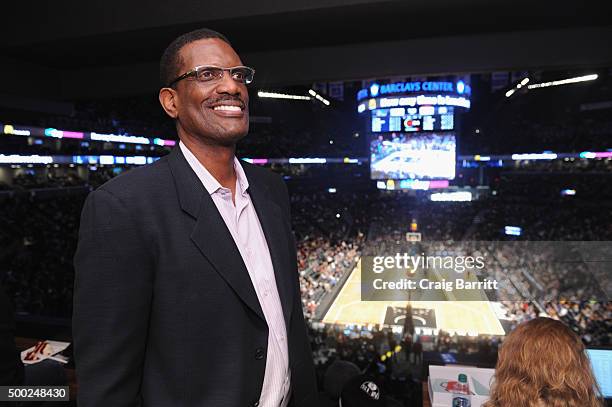 Nets legend, Albert King, stops by The Centurion Suite by American Express Sunday night during the Nets vs. Warriors game at Barclays Center on...