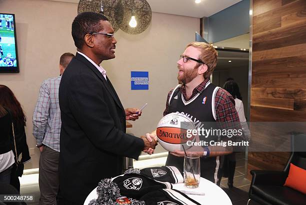 Nets legend, Albert King , stops by The Centurion Suite by American Express Sunday night during the Nets vs. Warriors game at Barclays Center on...