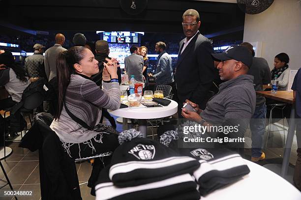 Nets legend, Albert King, stops by The Centurion Suite by American Express Sunday night during the Nets vs. Warriors game at Barclays Center on...