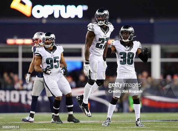 Malcolm Jenkins and E.J. Biggers of the Philadelphia Eagles celebrate after an incomplete New England Patriots pass leading to a turnover on downs...