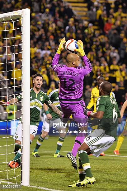 Goalkeeper Adam Kwarasey of the Portland Timbers makes a save on a shot in the second half against the Columbus Crew SC on December 6, 2015 at MAPFRE...