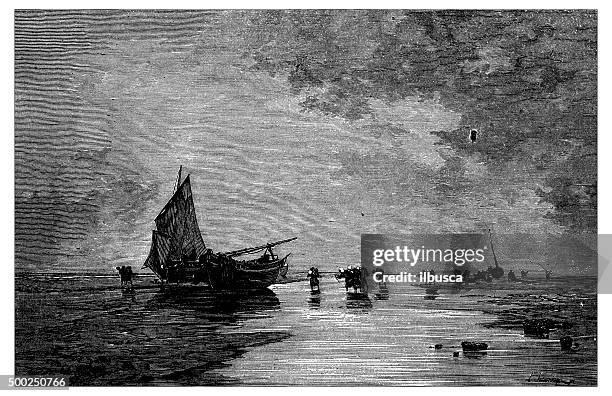 antique illustration of beach during low tide with ships - painting art product stock illustrations