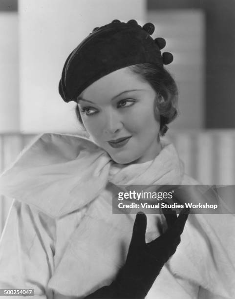 Portrait of Myrna Loy, an American film, television, and stage actress, early to mid 20th century.