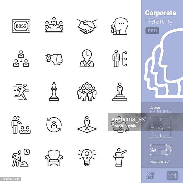 illustrazioni stock, clip art, cartoni animati e icone di tendenza di gerarchia aziendale relative icone vettoriali-pro pack - affollato