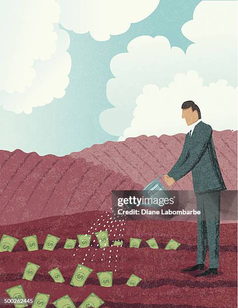 businessman watering his money in the field. growth concept - editorial stock illustrations