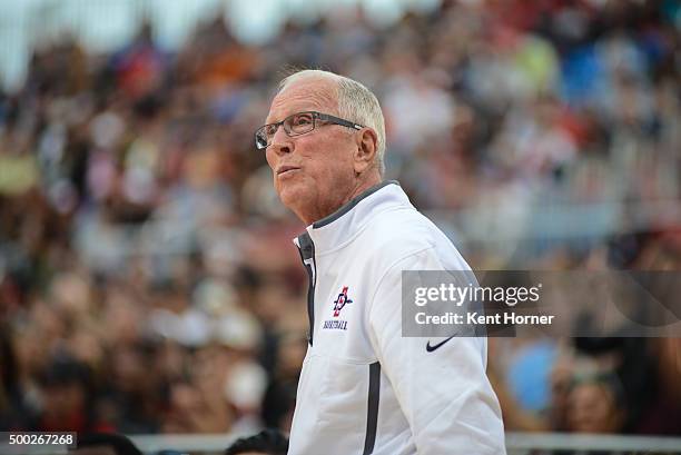 Head coach Steve Fisher of the San Diego State Aztecs stands near the bench area during the second half of the game against the University of San...