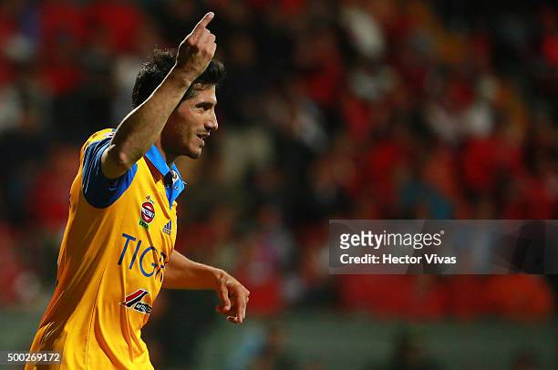 Damian Alvarez of Tigres celebrates after scoring the second goal of his team during the semifinals second leg match between Toluca and Tigres UANL...