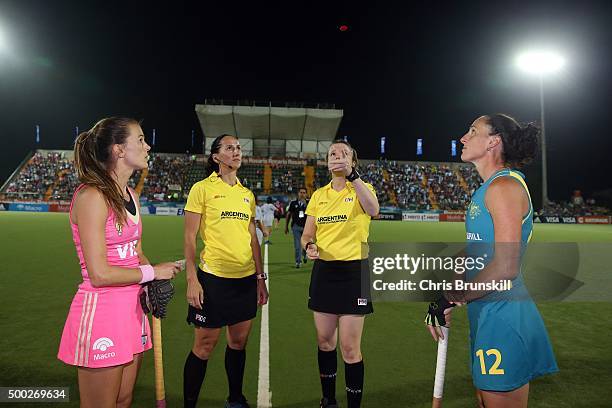 Carla Rebecchi of Argentina and Madonna Blyth of Australia look on during the coin toss ahead of their match on Day 2 of the Hockey World League...