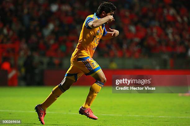 Damian Alvarez of Tigres celebrates after scoring the second goal of his team during the semifinals second leg match between Toluca and Tigres UANL...
