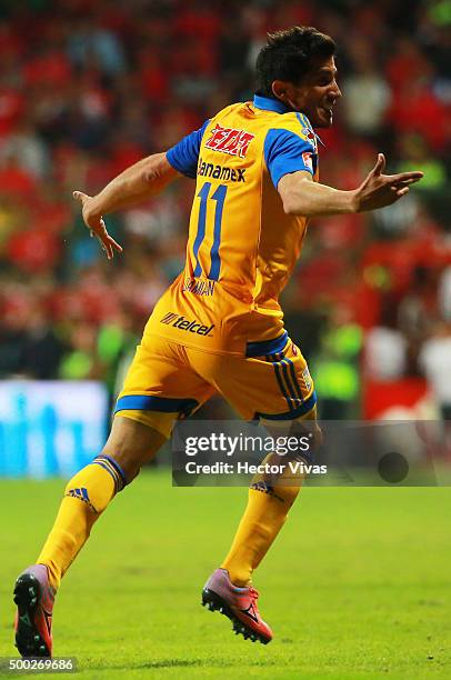 Damian Alvarez of Tigres celebrates after scoring the second goal of his team during the semifinals second leg match between Toluca and Tigres UANL...