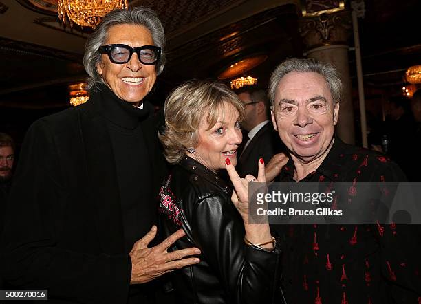 Tommy Tune, Madeleine Gurdon, and composer Andrew Lloyd Webber pose at the Opening Night of "School of Rock" on Broadway at The Winter Garden Theatre...