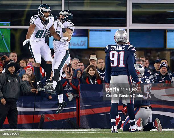 The Eagles' Jordan Matthews and Zach Ertz leap in celebration following Ertz's second quarter touchdown reception that put Philadelphia ahead 14-7....