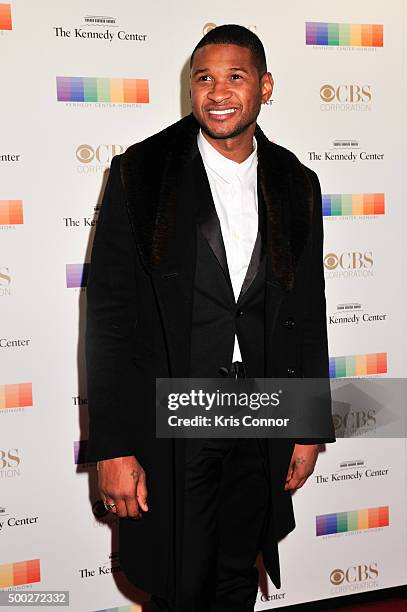 Singer Usher arrives at the 38th Annual Kennedy Center Honors Gala at the Kennedy Center for the Performing Arts on December 6, 2015 in Washington,...