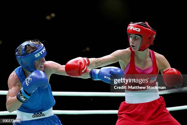 Lisa Jane Whiteside of Great Britain fights Virginia Fuchs of the United States during the Women's Fly class during the International Boxing...