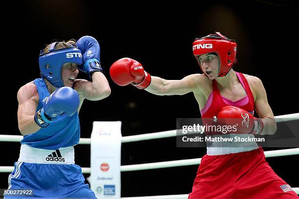 Lisa Jane Whiteside of Great Britain fights Virginia Fuchs of the United States during the Women's Fly class during the International Boxing...