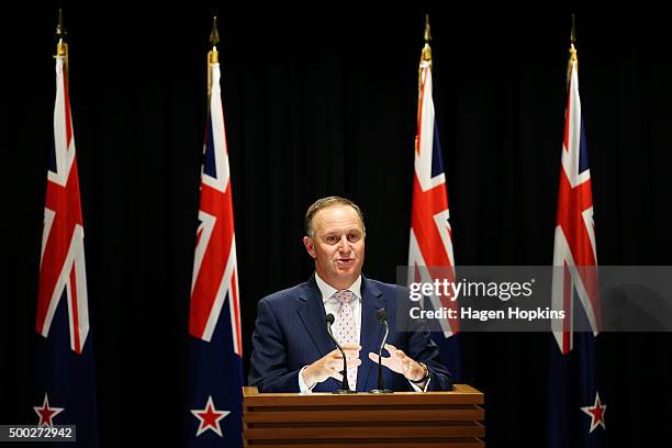 Prime Minister John Key speaks during a press conference at The Beehive on December 7, 2015 in Wellington, New Zealand. Maureen Pugh replaces Tim...