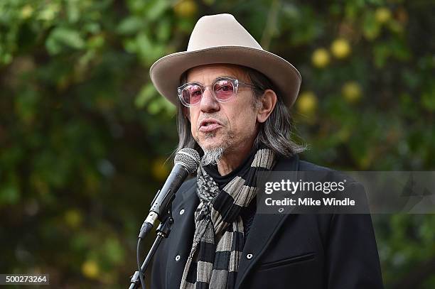 Vice President of MusiCares Scott Goldman speaks onstage during the MusiCares house concert with Ben Gibbard, St. Vincent and The War On Drugs on...