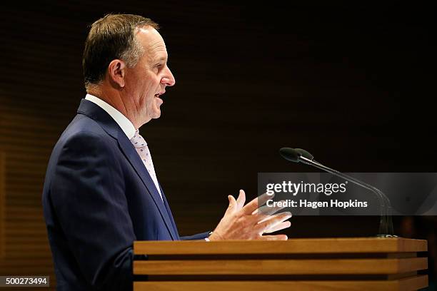 Prime Minister John Key speaks during a press conference at The Beehive on December 7, 2015 in Wellington, New Zealand. Maureen Pugh replaces Tim...