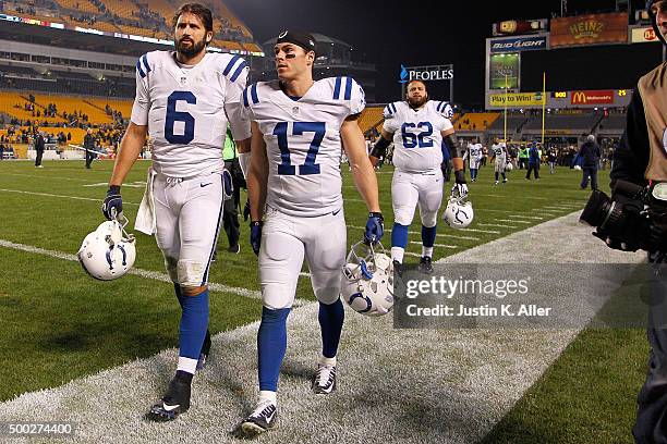 Charlie Whitehurst and Griff Whalen of the Indianapolis Colts walk off of the field after the game against the Pittsburgh Steelers at Heinz Field on...