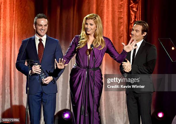 Jeffrey Paul Wolff of Wells Fargo and actors Candis Cayne and Kevin Zegers speak onstage during TrevorLIVE LA 2015 at Hollywood Palladium on December...