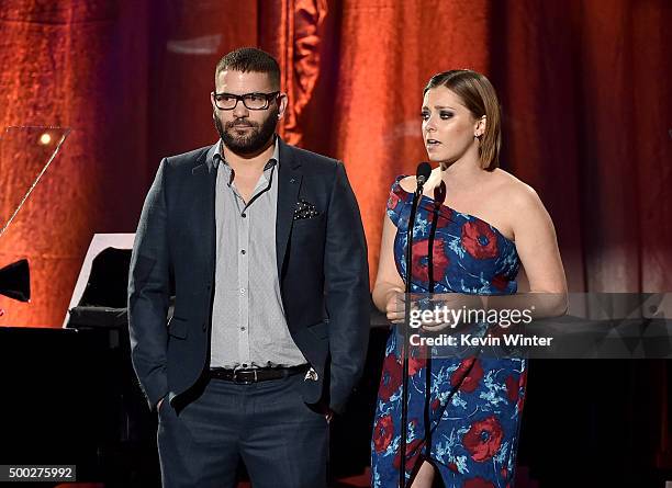 Actors Guillermo Diaz and Rachel Bloom speak onstage during TrevorLIVE LA 2015 at Hollywood Palladium on December 6, 2015 in Los Angeles, California.