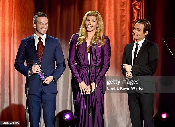 Jeffrey Paul Wolff of Wells Fargo and actors Candis Cayne and Kevin Zegers speak onstage during TrevorLIVE LA 2015 at Hollywood Palladium on December...