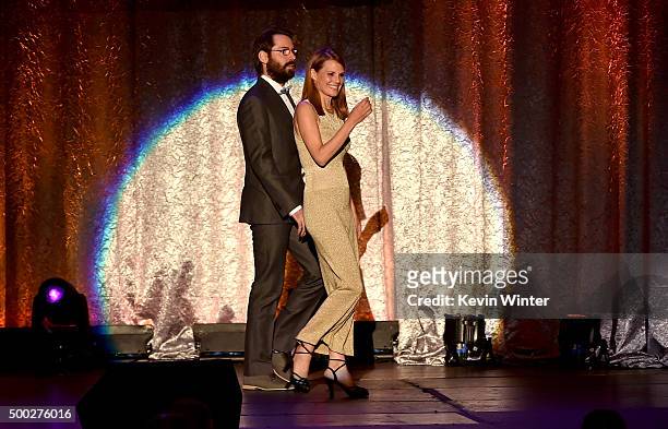 Actors Martin Starr and Suzanne Cryer speak onstage during TrevorLIVE LA 2015 at Hollywood Palladium on December 6, 2015 in Los Angeles, California.