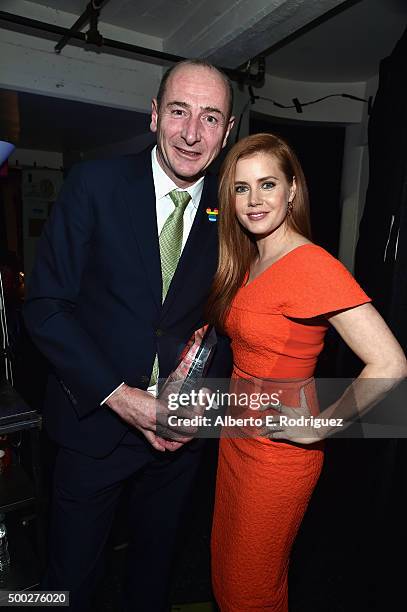 Honoree Andy Bird and actress Amy Adams pose with the Trevor 20/20 Visionary Award during TrevorLIVE LA 2015 at Hollywood Palladium on December 6,...