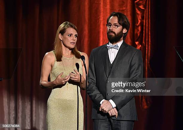 Actors Suzanne Cryer and Martin Starr speak onstage during TrevorLIVE LA 2015 at Hollywood Palladium on December 6, 2015 in Los Angeles, California.