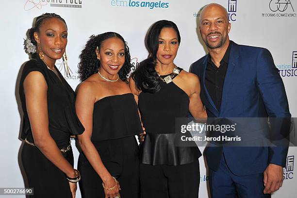 Rhona Bennett, Terry Ellis, Cindy Herron and Common arrive at Education Through Music-Los Angeles' 10th Anniversary Benefit Gala at Skirball Cultural...