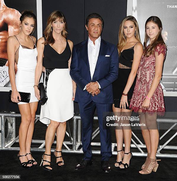 Sistine Rose Stallone, Jennifer Flavin, Sylvester Stallone, Sophia Rose Stallone and Scarlet Rose Stallone attend the premiere of "Creed" at Regency...