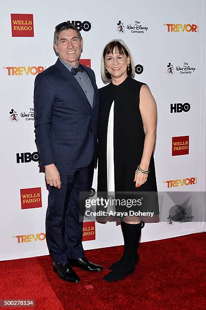 James Lecesne and Peggy Rajski attend the TrevorLIVE LA 2015 event at Hollywood Palladium on December 6, 2015 in Los Angeles, California.