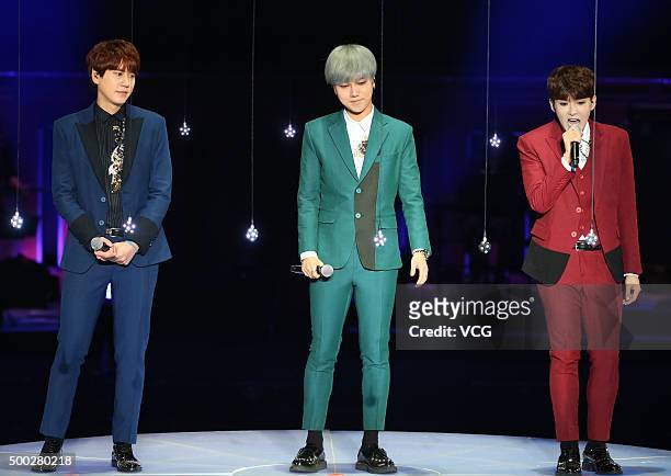 Kyuhyun, Yesung and Ryeowook of Super Junior-K.R.Y. Perform on the stage in concert on December 6, 2015 in Taipei, Taiwan.
