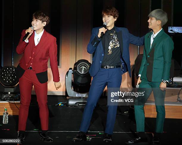 Kyuhyun, Yesung and Ryeowook of Super Junior-K.R.Y. Perform on the stage in concert on December 6, 2015 in Taipei, Taiwan.