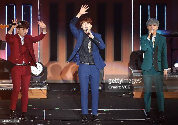 Kyuhyun, Yesung and Ryeowook of Super Junior-K.R.Y. Perform on the stage in concert on December 6, 2015 in Taipei, Taiwan.