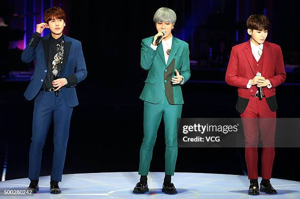 Kyuhyun, Yesung and Ryeowook of Super Junior-K.R.Y. Perform on the stage in concert on December 6, 2015 in Taipei, Taiwan.