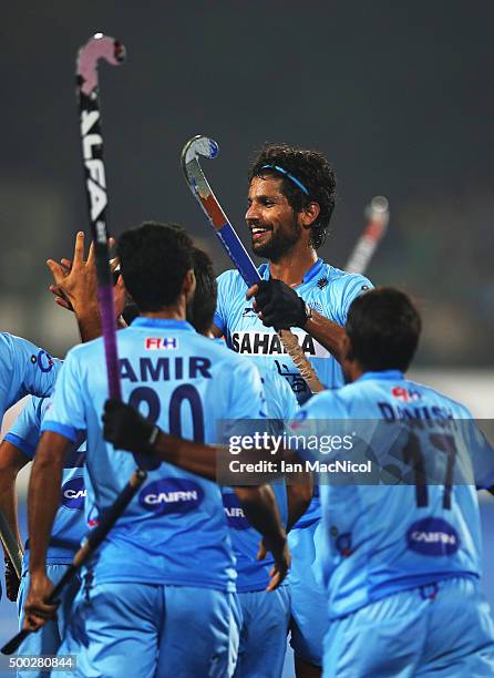 Rupinder Pal Singh of India celebrates during the match between Netherlands and India on day ten of The Hero Hockey League World Final at the Sardar...