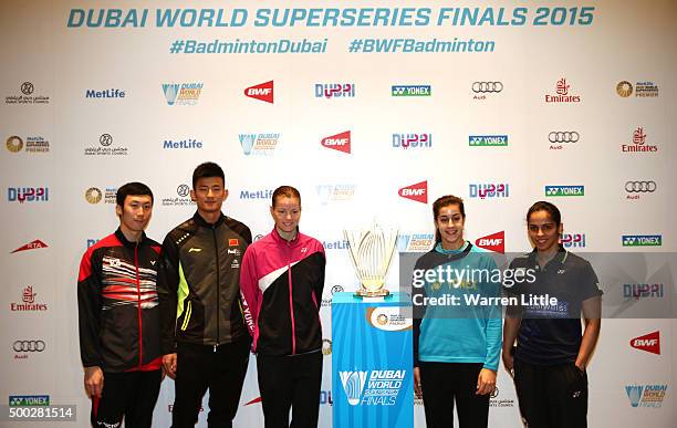 Yoo Yeon Seong of Korea , Chen Long of China, Christinna Pedersen of Demark, Carolina Marin of Spain and Saina Nehwal of India pose for a group...