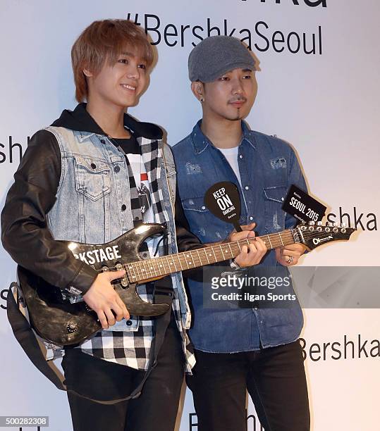 Mir and G.O of MBLAQ attend the Bershka flagship store opening event at Mapo-Gu on November 20, 2015 in Seoul, South Korea.