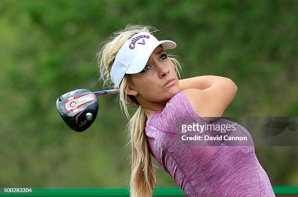 Paige Spiranac of the United States in action during her practice round as a preview for the 2015 Omega Dubai Ladies Masters on the Majlis Course at...