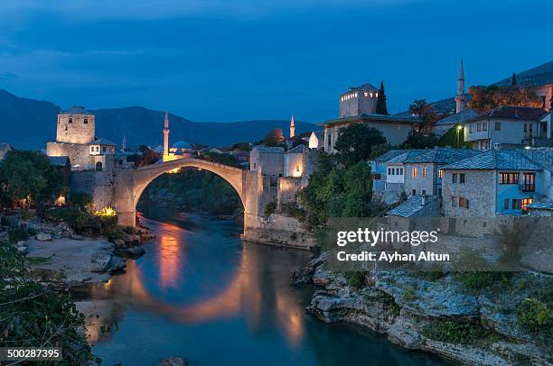the old bridge of mostar at night - mostar stock pictures, royalty-free photos & images