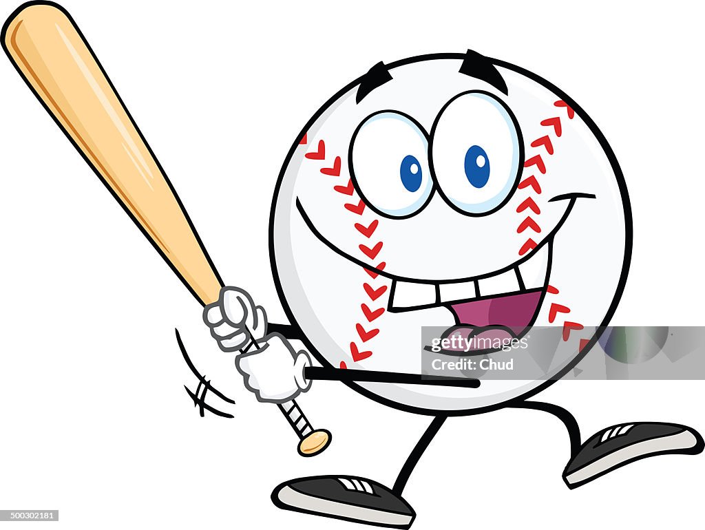 Happy Baseball Ball Swinging A Baseball Bat