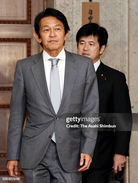 Japan Innovation Party President Yorihisa Matsuno and secretary general Masato Imai attend the meeting with Democratic Party of Japan President...