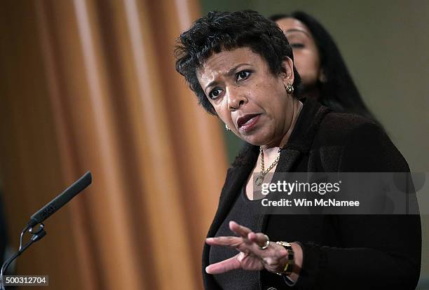 Attorney General Loretta Lynch answers questions during a press conference at the Department of Justice December 7, 2015 in Washington, DC. Lynch...