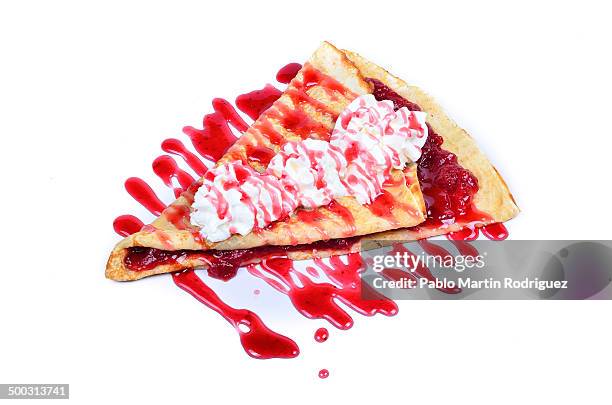 sweet crepe with strawberries - strawberry syrup stock pictures, royalty-free photos & images