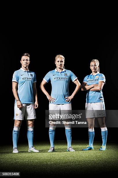 Manchester City footballers Steph Houghton, Lucy Bronze and Toni Duggan are photographed for the Guardian on July 22, 2015 in Manchester, England.