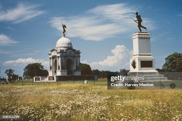 The Pennsylvania Monument and the First Minnesota Infantry Regiment Monument at the Gettysburg National Military Park, Gettysburg, Pennysylvania,...