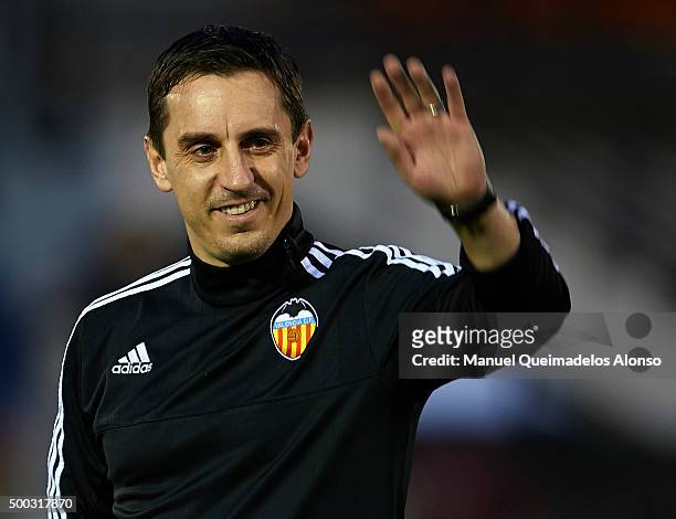 Gary Neville the new manager of Valencia CF greets the fans during a training session ahead of Wednesday's UEFA Champions League Group H match...
