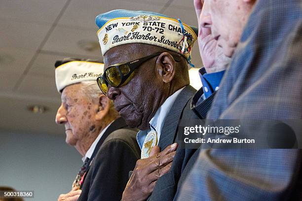 Clark Simmons, a survivor of the attack on Pearl Harbor attends a ceremony marking the anniversary of the attack on the Intrepid Sea, Air and Space...