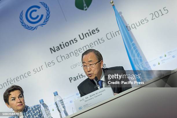 Secretary-General Ban Ki-moon and Christiana Figueres Executive Secretary UNFCCC delivers a press meeting during the COP21 the World Climate Change...